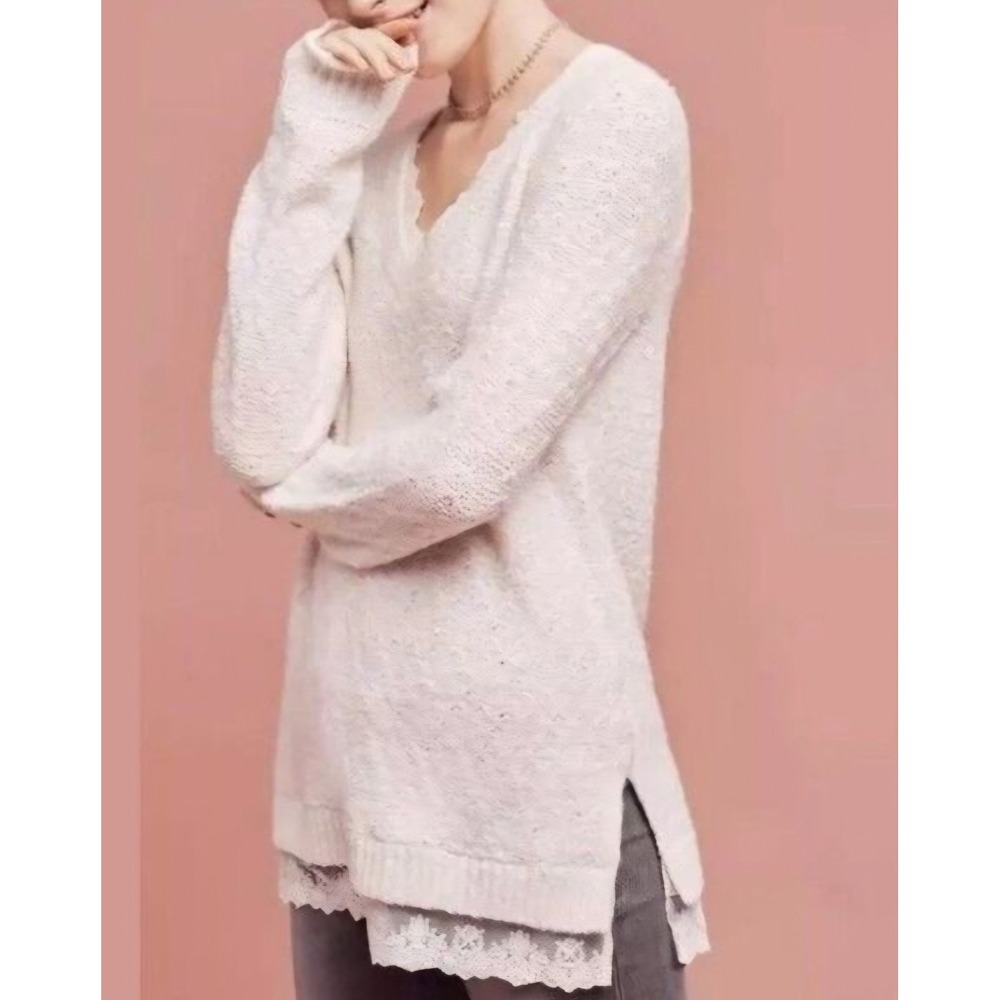 Knitted & Knotted Anthro Cream Laced Trim Boho Cottagecore Tunic Sweater sz L